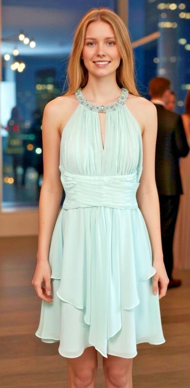 Donna Morgan NEW! mint rhinestone midi ruched waist sz 12 party dress coquette